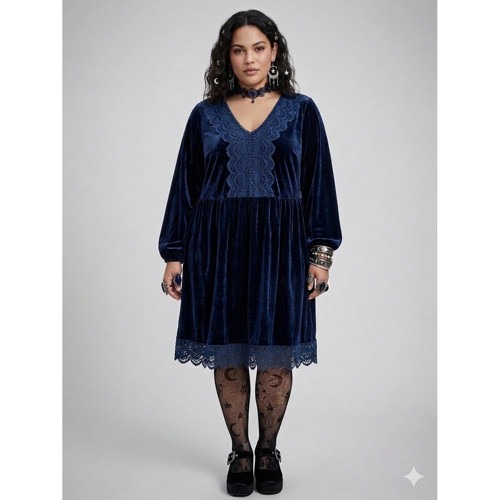 RusttyDustty Babydoll Dress 1X Velvet Y2k Blue Lace Trim Whimsigoth Vampire Emo